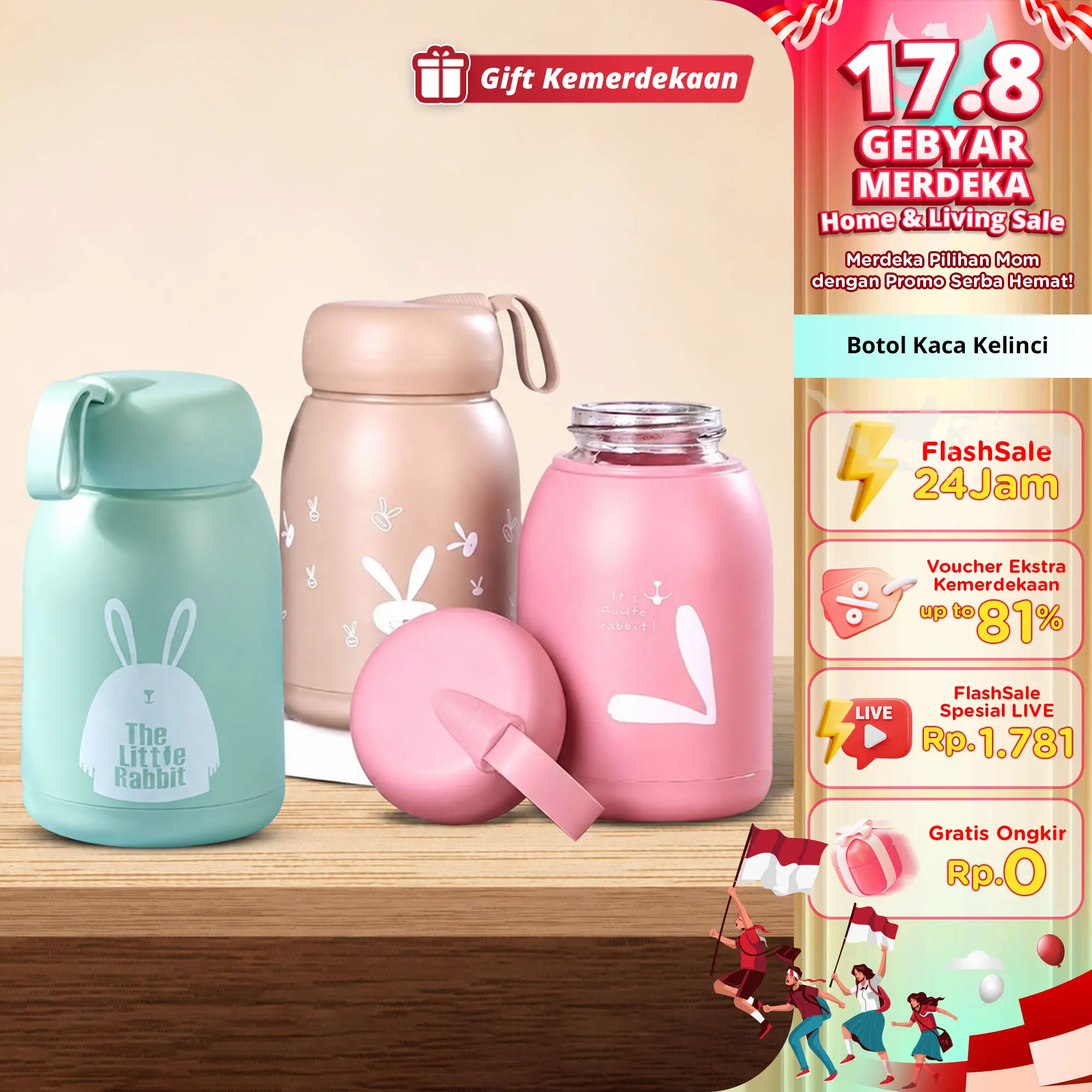 GEBYAR MERDEKA Botol Minum Kaca Karakter Kelinci 330 ML Anti Tumpah Food Grade Gelas Tumbler Rabbit Bunny Lucu Cocok untuk Minuman Panas & Dingin