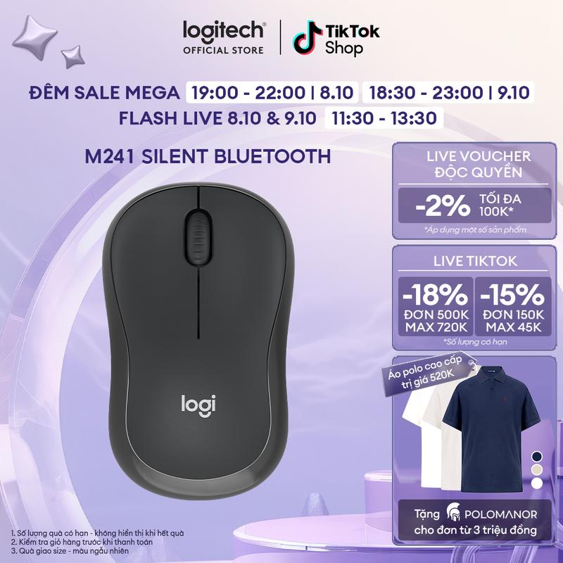 Chuột Bluetooth Logitech M241 Silent - Không dây, Nhỏ gọn, Tương thích Windows, macOS