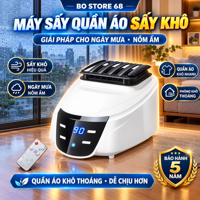 Củ Máy Sấy Quần Áo Nhanh Khô Có Điều Khiển Từ Xa Màn Hình LED Công Nghệ Khử Khuẩn Ion Công Suất 1500w