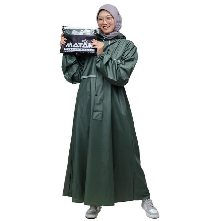 Jas hujan gamis wanita, mantel gamis wanita dewasa jumbo tebal elastis bahan PVC karet premium tahan air hijau Syari 3