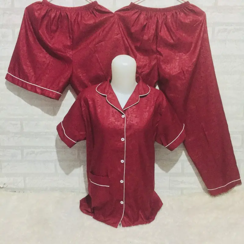 Baju Tidur Piyama Wanita Cewek Pajamas Dewasa Katun Motif Embos Celana 3in1 2