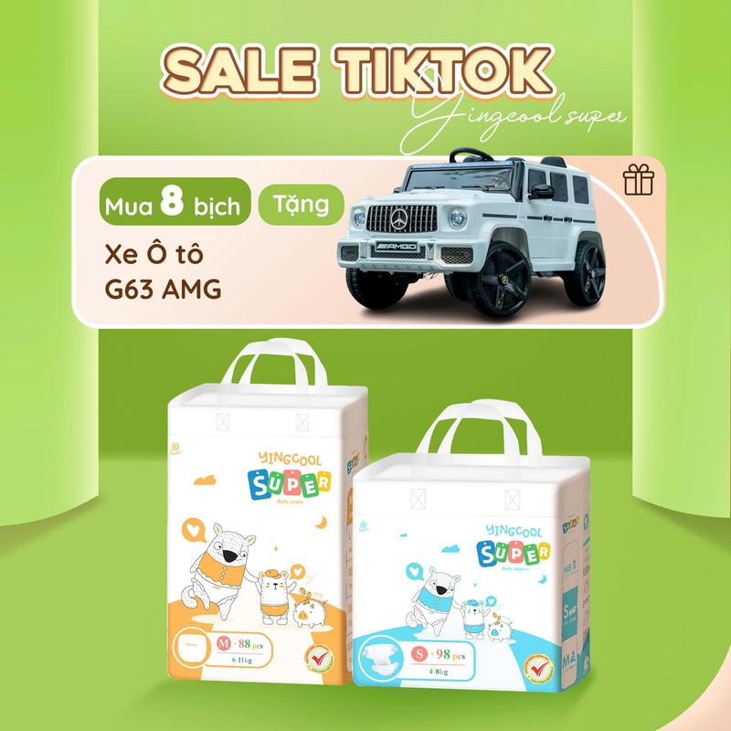 [Tặng Xe Ô tô điện G63 AMG có điều khiển - Combo 8 Bịch ] Bỉm YINGCOOL SUPER Size NB104/S98/MD92/MQ88/L80/XL76/XXL72/XXXL72 tã sơ sinh cho bé Nam Nữ