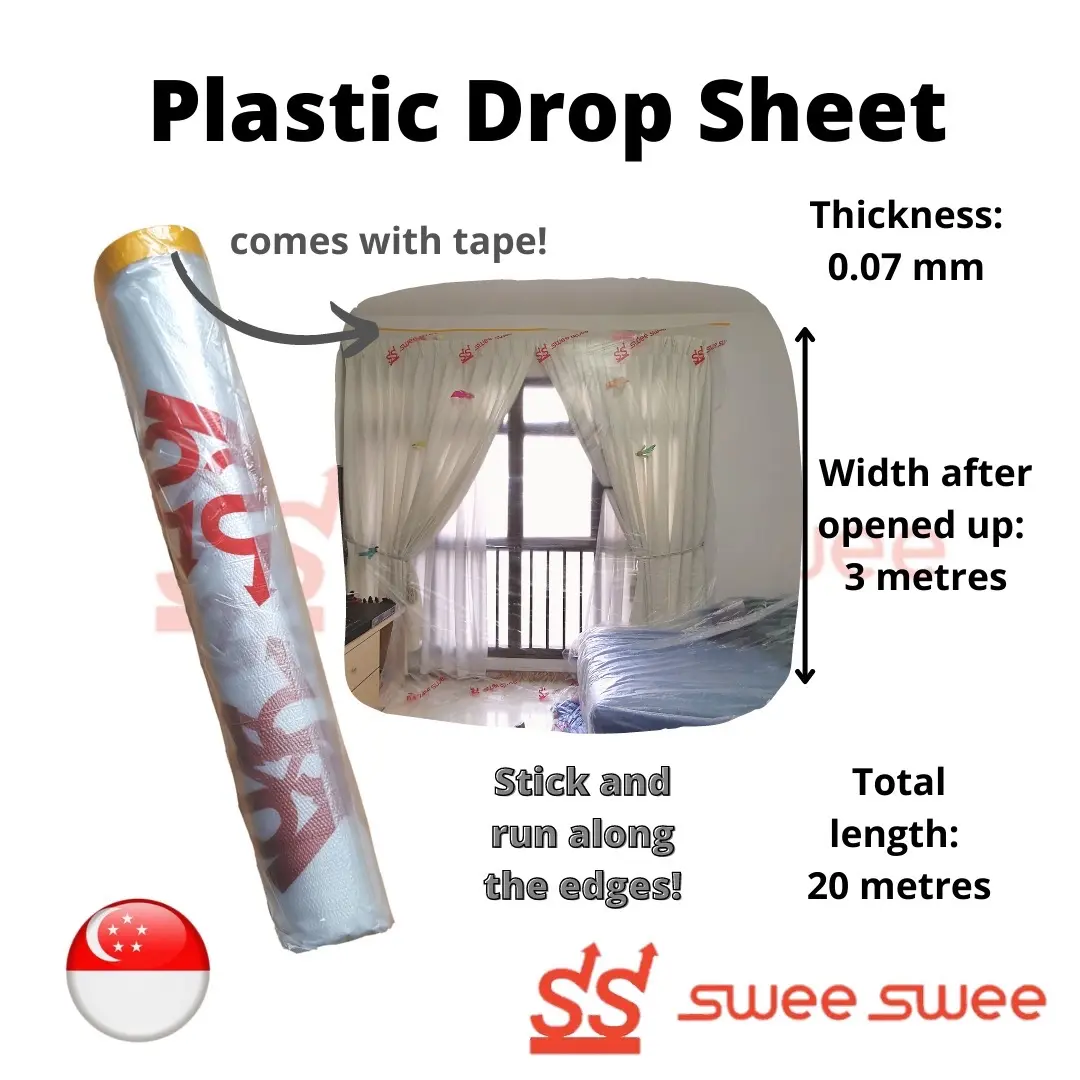 CHEAPEST & READYSTOCK (20 x 3 or 4m)Authentic Plastic Drop Sheet with Tape. Dropsheet Dust cover, plastic sheet