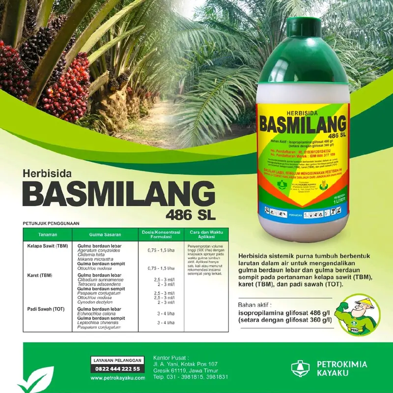 Basmilang 486SL merupakan Herbisida sistemik purna tumbuh berbentuk larutan dalam air yang memiliki bahan aktif isopropil amina glifosat. cairan kuning 1