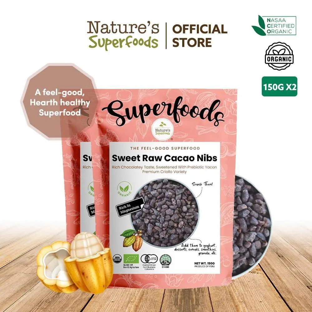 [Bundle Deal] Nature's Superfoods Organic Sweet Raw Cacao Nibs 150g x2 Packs Snack l Coated with Prebiotic Yacon Syrup