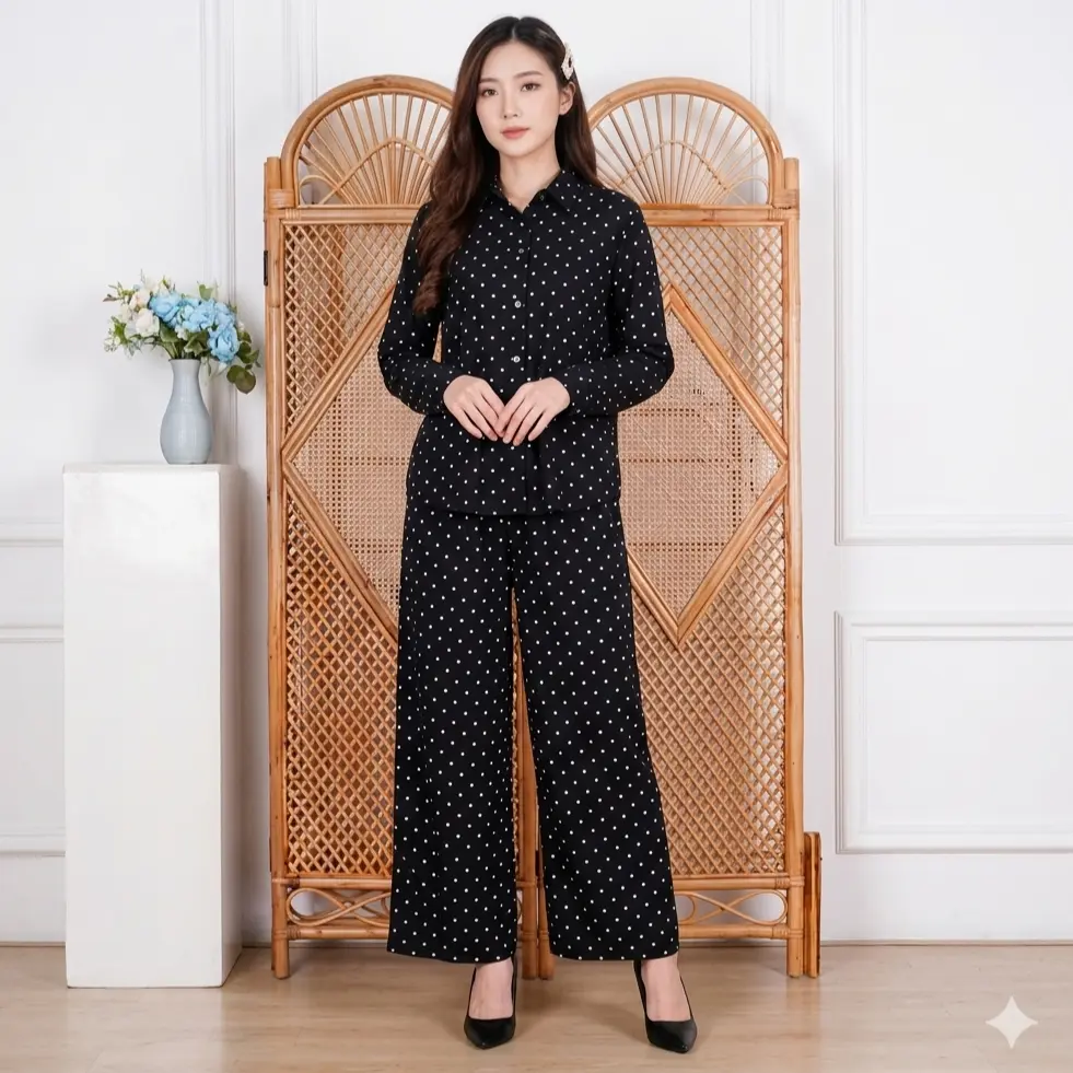 AQILA - Setelan Tiana Polka Bahan Katun Homewear / Set Celana Katun Motif Polkadot Viral / Busui Friendly