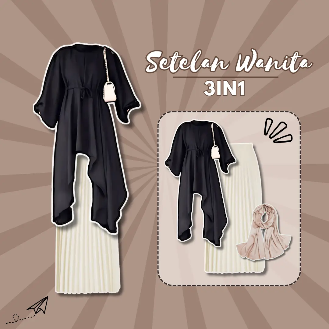 One set Wanita Remaja 3IN1 Kekinian Tunic hitam, Rok, Pasmina cream Ootd Lebaran kondangan hangout terbatu-Set AB87