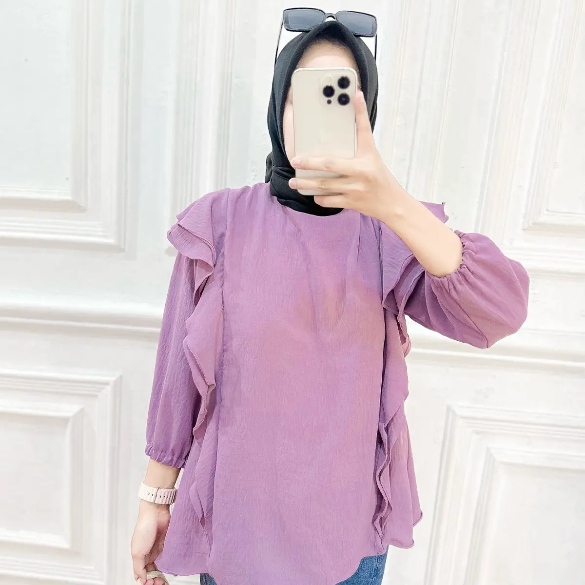 Inara Blouse Wanita Ruffle Polos Casual Panjang - Baju Cewek Oversize Katun Crinkle Top Kerja Nyaman Unik Basic