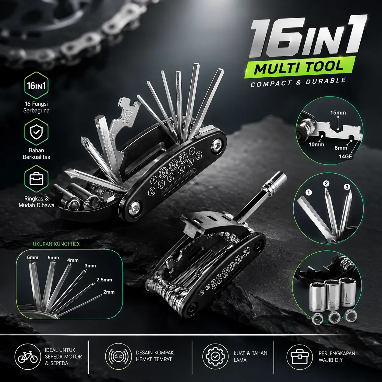 16 in 1 Multi Repair Tool Sepeda & Motor Chrome Vanadium Steel Hitam 140 gram Lipat Serbaguna untuk DIY Camping dan Kebutuhan Rumah Tangga
