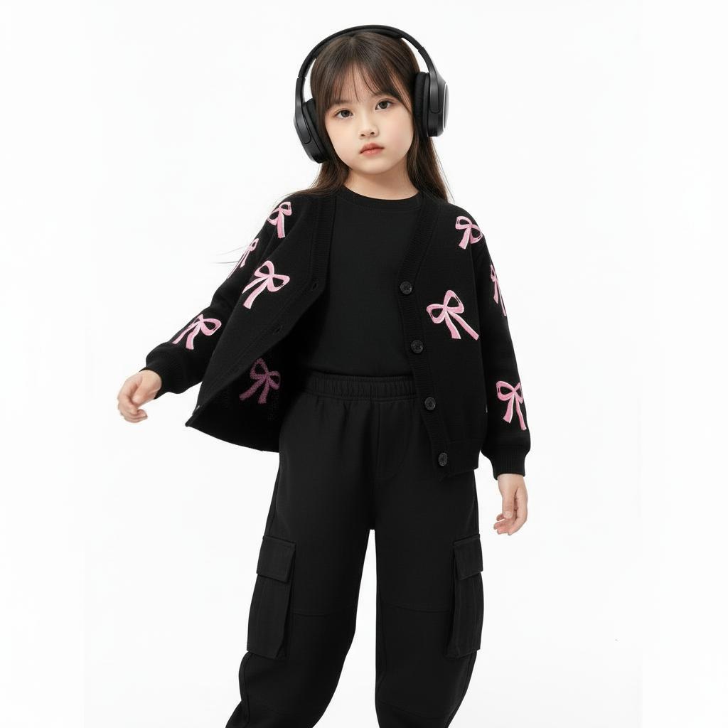 CAIFU Cardigan Pita Hitam Anak Perempuan Cardi Lengan Panjang Atasan Y2K Usia 3-12 Tahun Bahan Lembut Halus Nyaman Adem Variasi Warna Pastel Cantik Fashion