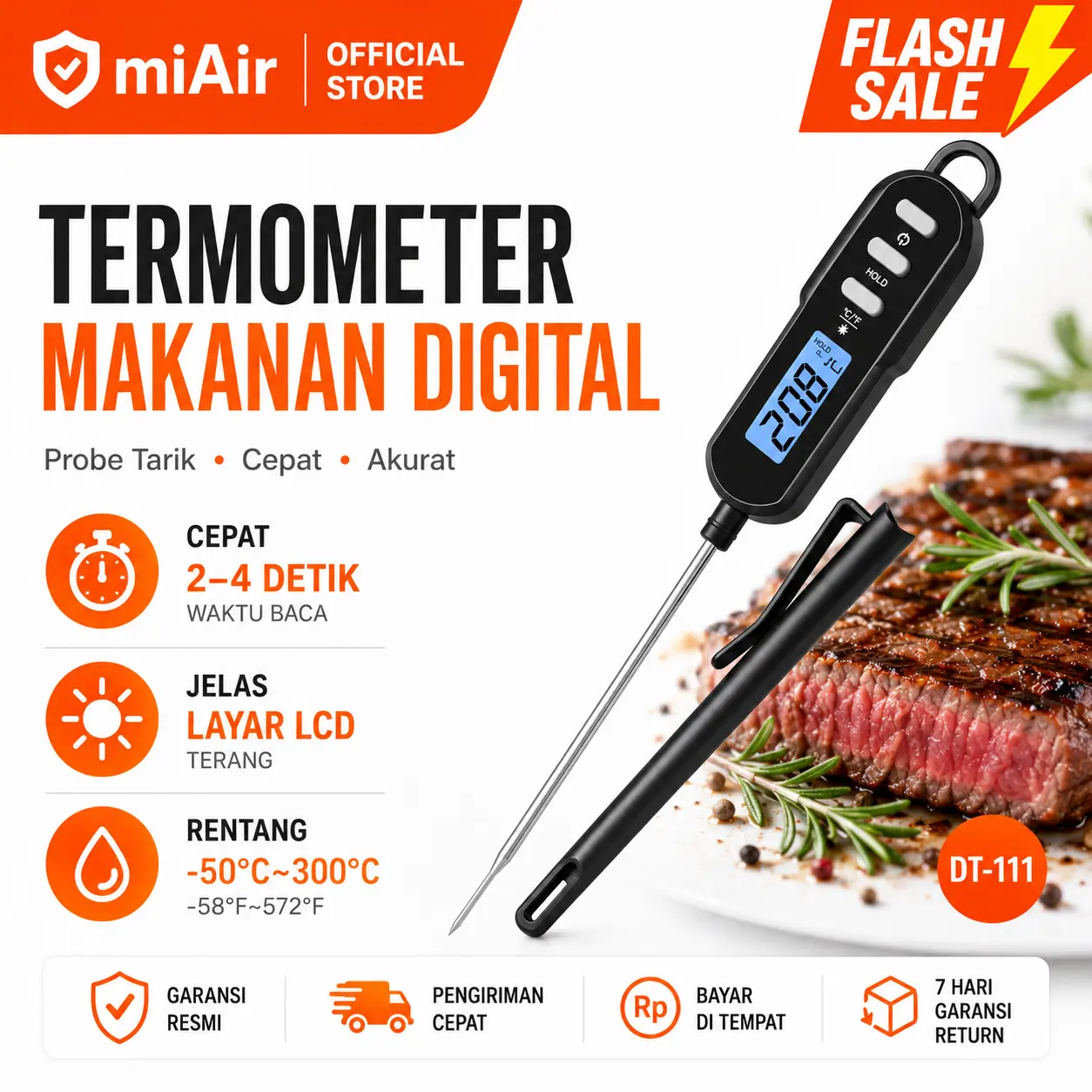 Termometer Makanan Digital Waterproof IP67 Termometer Daging BBQ Probe Cepat LCD Backlight DT-111