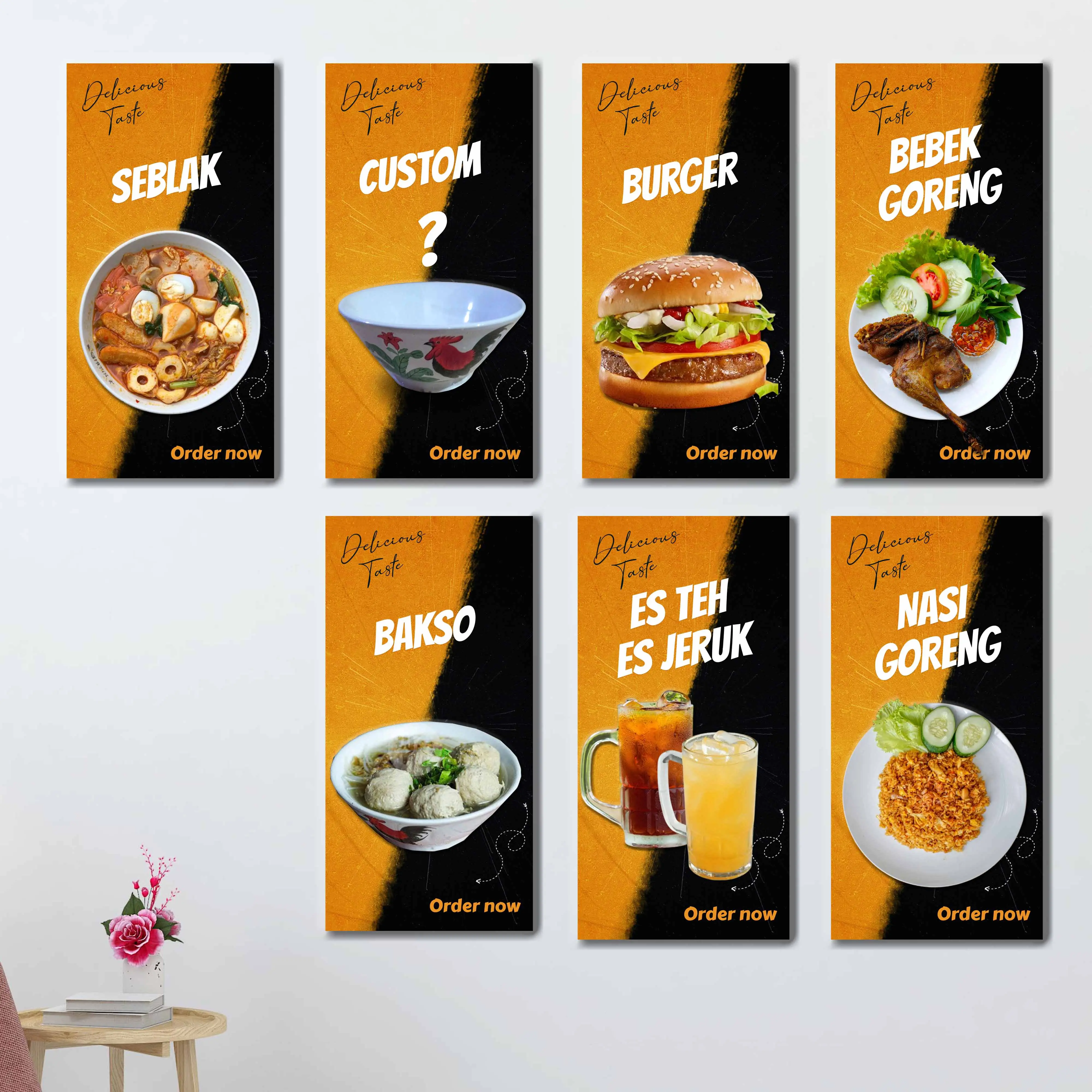 HIASAN DINDING WALDECOR MENU MAKAN FOOD MENU HITAM KUNING UKURAN 15 X 30 CM BIASA CUSTOM