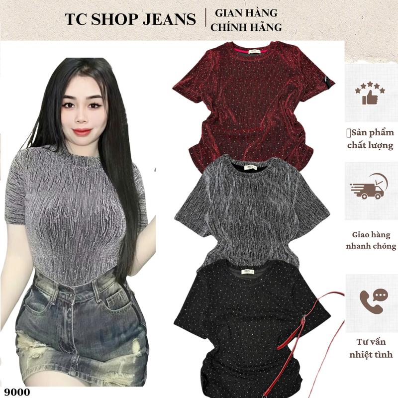 TCSHOPJEAN Áo Thun Nữ Bigsize Cổ Tròn Tay Ngắn Nhún Eo Chất Bling Xước Đá AT 9000