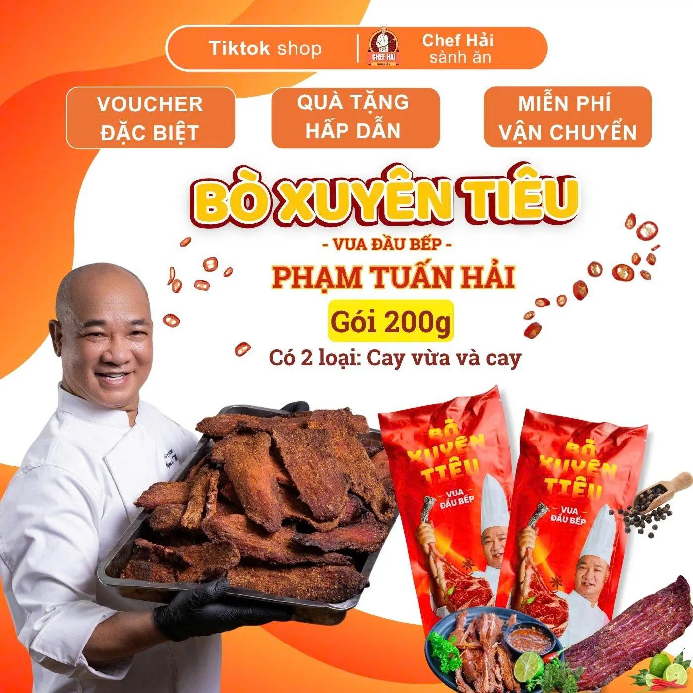 (Hoả Tốc Hà Nội) Bò Xuyên Tiêu Master Chef Phạm Tuấn Hải  200gr Vị Cay Nồng & Cay Vừa Có Sẵn Muối Chấm