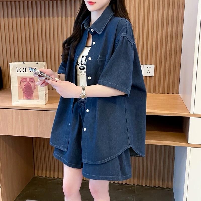 Set Jean Bigsize (CÓ LẺ ÁO/QUẦN), Áo Sơ Mi Phối Túi Phối Kèm Quần Đùi Short A Ống Rộng Có Túi Chất Vải Jean Giấy Mềm Cho Nữ Chuppy (50-93Kg)- SET856 SM187 Q549