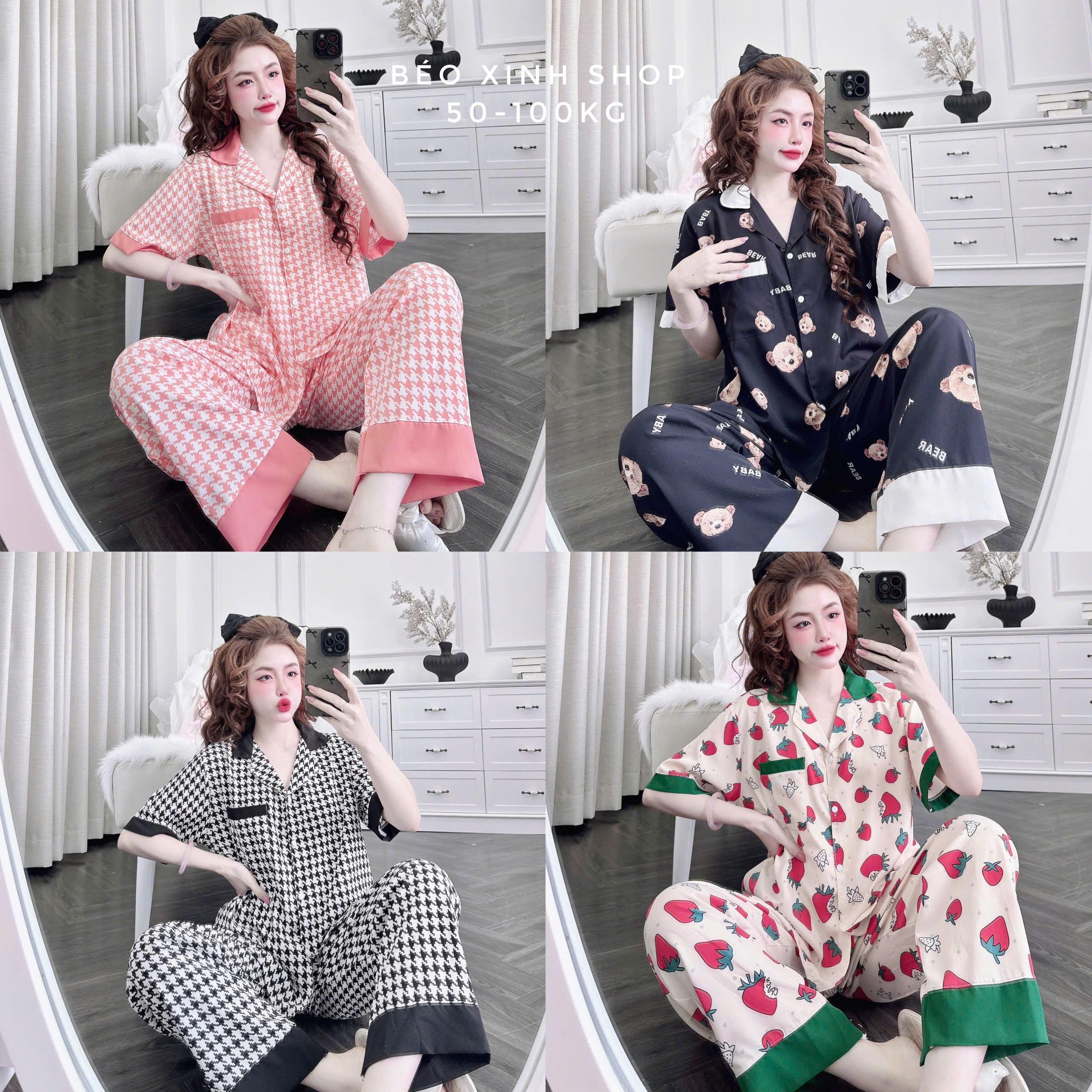 Đồ Bộ - Đồ Ngủ Vải Lụa Nhật Tay Ngắn Quần Dài Pijama Bigsize 50-100kg Nữ Pants Lịch - A.5455