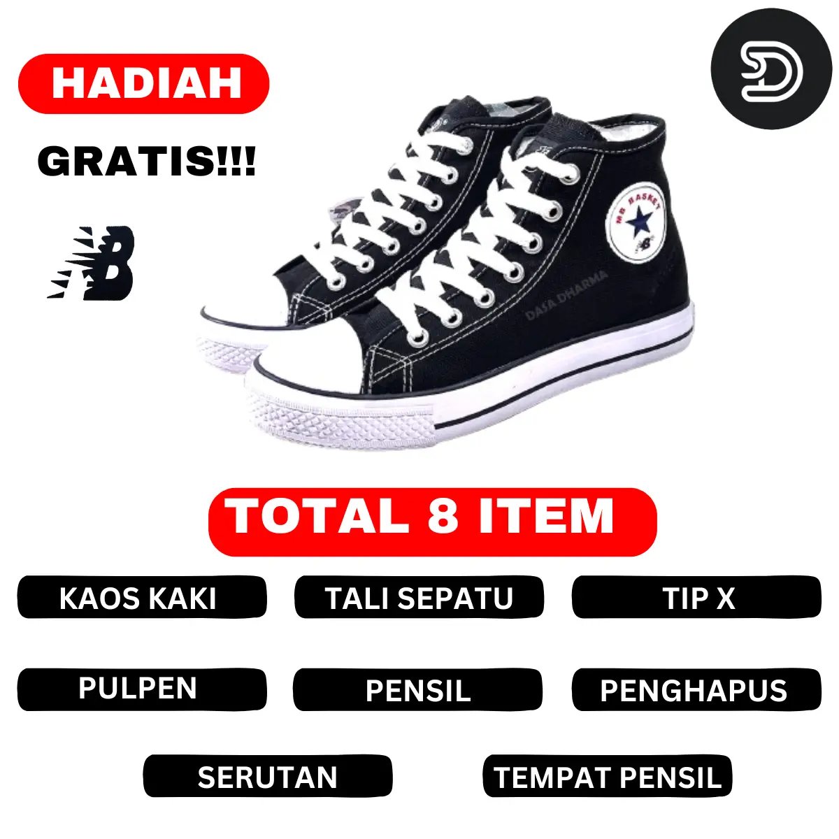 Sepatu MB Basket NB Warrior Hitam Putih untuk Anak Laki-Laki Sekolah SD/SMP/SMA - Fashion