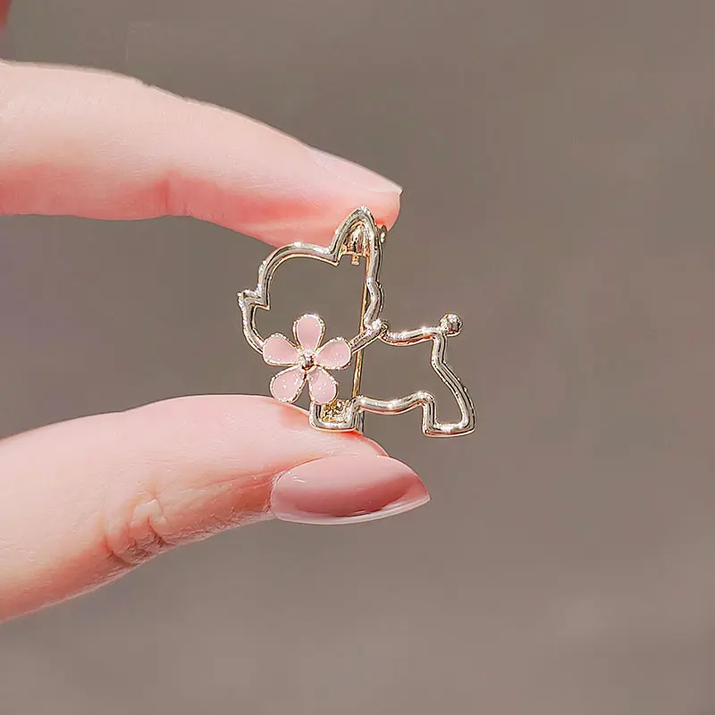 1 piece of fashionable and cute cherry blossom dog brooch for clothing, paired with hollowed out alloy flower pins for animals and plants