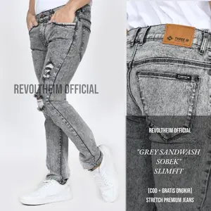 Celana Jeans Sobek Pria Slim Fit Destroy Stretch Grey Sandwash Acid Cowok Tebal Denim Melar
