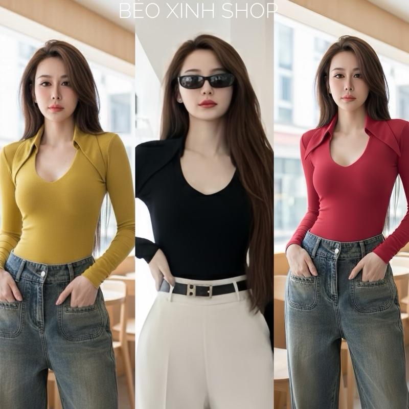 Áo Thun Polo Nữ tay Dài phối Cổ V Gợi Cảm Vải Thun Gân Tăm Cao Cấp Thanh Lịch Bigsize 45–90kg Béo Xinh Shop - A.1601