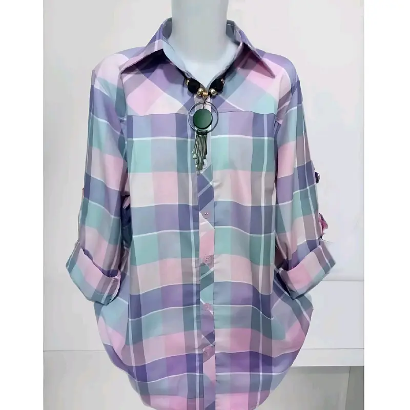 Al dharren tunik jumbo ld 120 muat BB 85 kg blouse kemeja salur garus blus office wanita Baju Atasan Panjang Oversize Motif garis 5