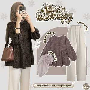 Setelan Hijab Kekinian (Blouse Floral+Celana Knit+Hijab Ivory) Ootd 3In1 Cewek Feminim Nyaman - AR92