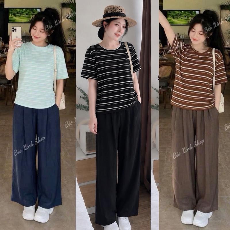 Béo Xinh Shop Set Bộ Bigsize Áo Sọc Cotton + Quần Suông Form Rộng – A.1829