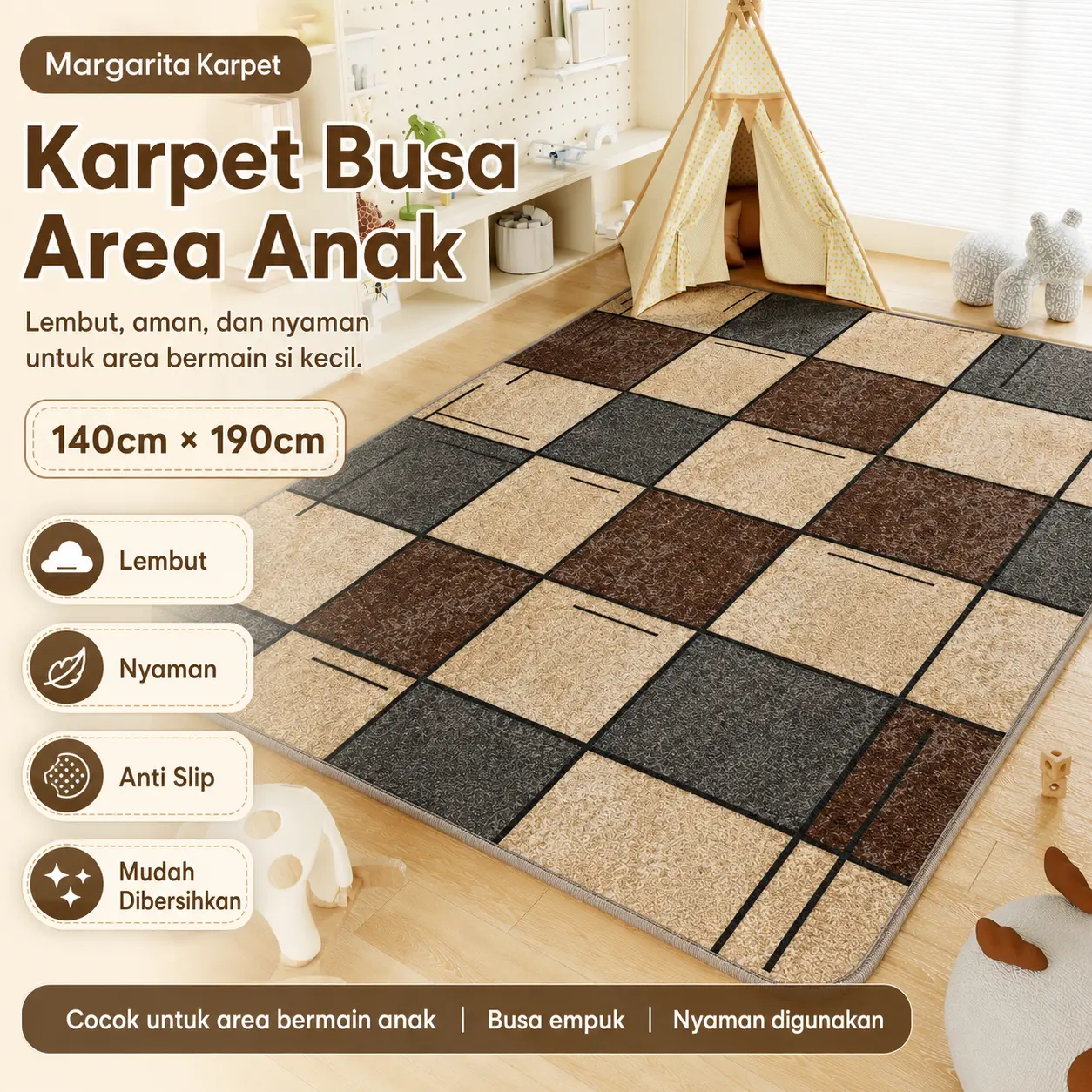 [140x190cm] Margarita Karpet Anak Malaysia Busa Flanel Tebal Lembut Anti Slip Motif Persegi