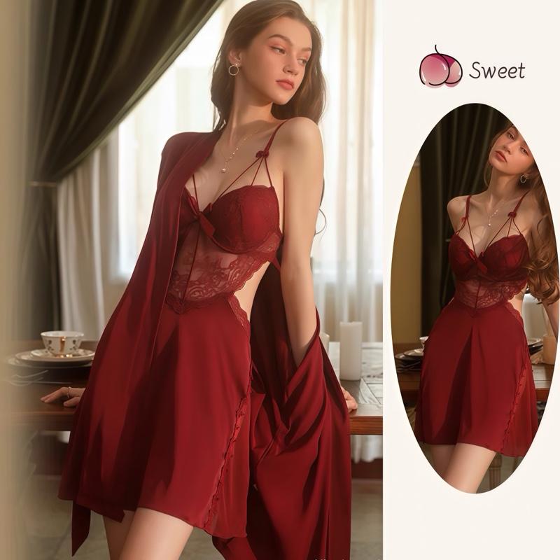 Váy Ngủ Nữ Phối Ren Hot Hit Có Mút Nâng Ngực Tặng Kèm Quần Chíp Kem Women Đầm Ngủ Dress Nhung sleepwear ( Mút ngực bàn tay hàng QC )