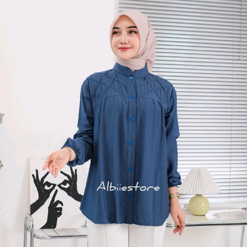 Kemeja Wanita LAURA Lengan Panjang Bahan Pololinen Baju Atasan Cewek Variasi Kancing Belakang 3
