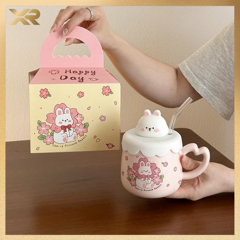 Cốc uống nước cốc sứ hình thỏ dễ thương làm quà sinh nhật quà tặng 390ml+Ống hút thuỷ tinh TTB 05
