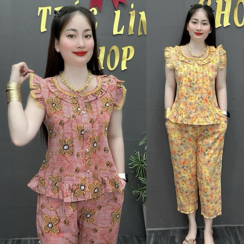 ĐỒ BỘ BỘ TIỂU THƯ PHỐI REN,VẢI LỤA MAINGO,TAY CÁNH TIÊN,QUẦN 9TẤT NGẮN,SIZE 45-75 KG. Nữ Tay ngắn ÁO PHOM NGẮN