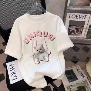 袋猫キャラクタープリント婦人用半袖Tシャツ、丸首、ゆったり、純綿カジュアルトップス、丸首、ショルダーベルト、ゆったりシルエット、通気性、肩落ちデザインプリントTシャツ夏のゆったりタイプ