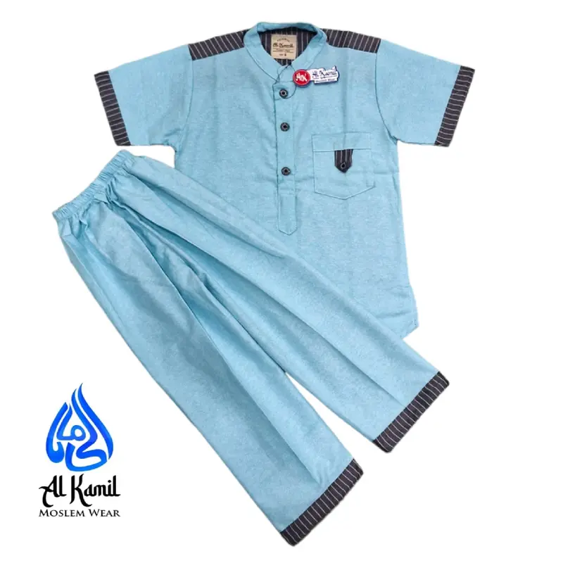 Setelan Kokokurta Anak Laki-Laki Bahan Katun Oxford dengan (Variasi Salur) Atasan Baju Muslim Lembut Celana Panjang Nyaman Kain Kombinasi Pendek 3