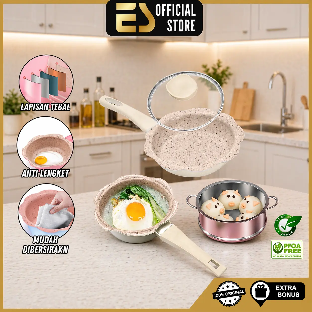 ES Wajan Panci Frypan SET MPASI Anak Bayi Balita Tahan Lengket Kaca Tebal Bebas BPA Biru Pink Putih Hitam Granite Kitchenware
