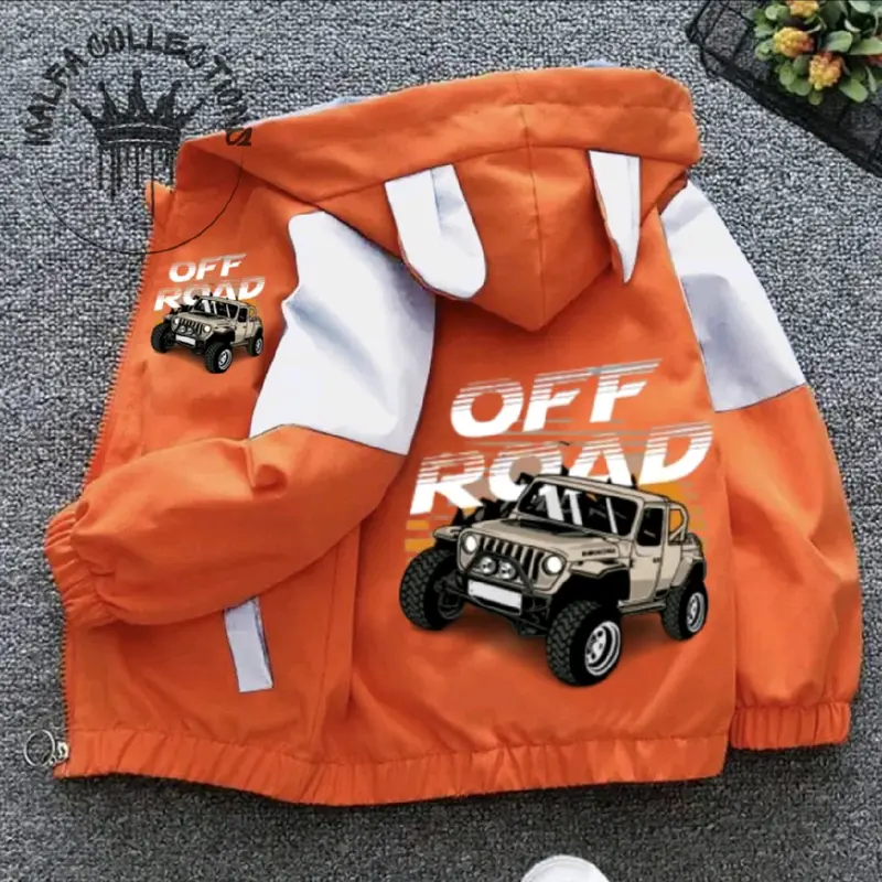 jaket anak kombinasi waterfroop premium berkualitas tinggi cocok buat anak laki" yang bergambar mobil off Road sang peredator jalanan hutan 6