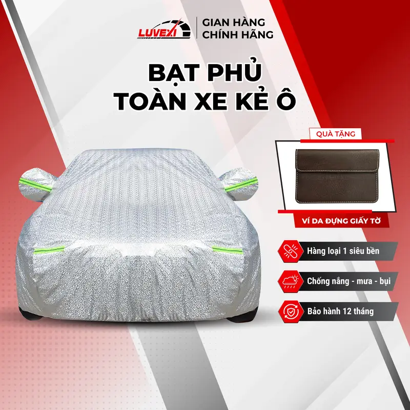 Bạt phủ ô tô Luvexi cao cấp kẻ ô vải dù tráng nhôm chống mưa nắng nóng xước, Bạt phủ trùm toàn xe