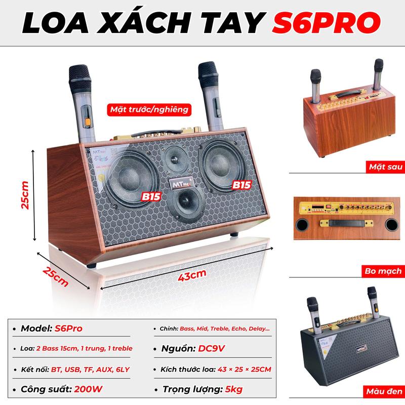  MTMax  Loa Karaoke Xách Tay | MTMax S6Pro | 250W | Bass Đôi 15CM 1 Trung 1 Treble | kèm 2 Mcro Chống Hú Bắt Sóng Xa | 10 Nút Chỉnh | Loa Karaoke Gia Đình Du Lịch - Bảo Hành 12 Tháng 