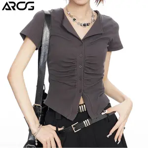 【ARCG】Gray Kaos pendek polo wanita slim fit membuat langsing Kardigan kancing/Kaos pendek wanita model Korea gaya santai jalanan elegan