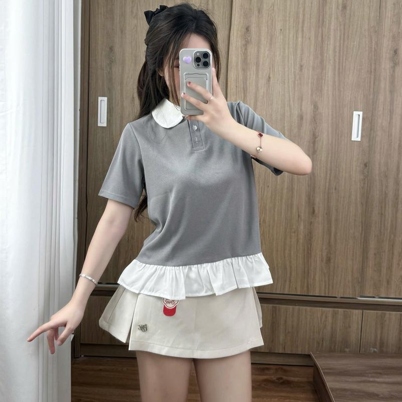 VB1 Áo Polo Cổ Sen Phối Viền Gấu Bèo Chất Liệu Cotton Tổ Ong Nhỏ Phong Cách Trẻ Trung Nữ Tính Dễ Phối Đồ