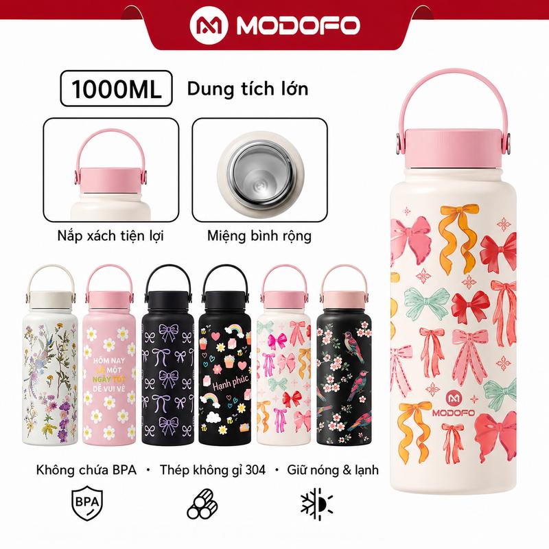 MODOFO 【1000ML】Bình Giữ Nhiệt Có Ống Hút | In Hình Dễ Thương | Giữ Nóng Lạnh 12H | Mang Đi Học, Đi Làm