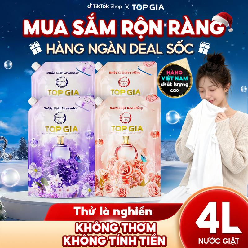 MUA 2 TẶNG 2 Combo 4 Lít 4 Túi Nước giặt xả TopGia hương Lavender làm sạch quần áo ngừa khuẩn làm mềm vải và lưu hương dài lâu. LIVE phụ SẢN XUẤT TẠI VIỆT NAM