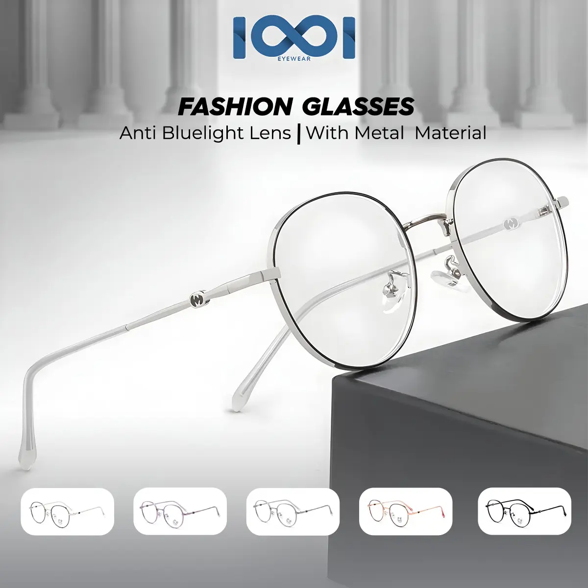 Kacamata Bulat Metal PC Desain Elegan Lensa Blueray Anti Cahaya Biru Bisa Minus Fashion Trendi Gaya Korea IOOI 72598