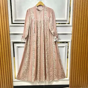 Series Rayya Yasmin Gamis Bahan Rayon Resleting Depan Lengan Renda Motif Bunga Mewah