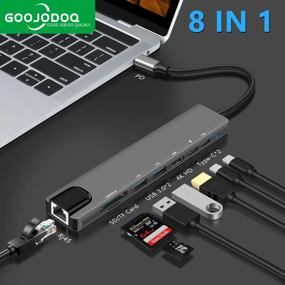 【COD/Goojodoq】USB C Hub Type-C 3.1 to 4K HDMI-Compatible RJ45 USB SD/TF Card Reader PD Fast Charge 8-in-1 USB Dock