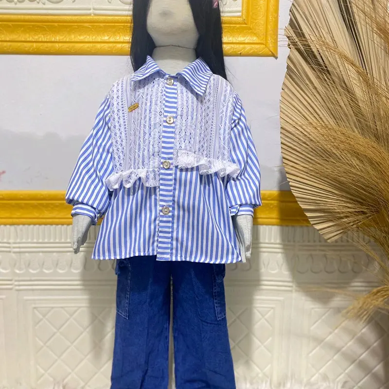 SETELAN KEMEJA SALUR KATUN CELANA JEANS ANAK PEREMPUAN USIA 3 TAHUN -12 TAHUN 5