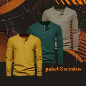 paket 3 pcs kaos kancing polos lengan panjang terlaris kualitas primium Katun Fit Pria Hitam Casual Baju Variasi Paket Kaos