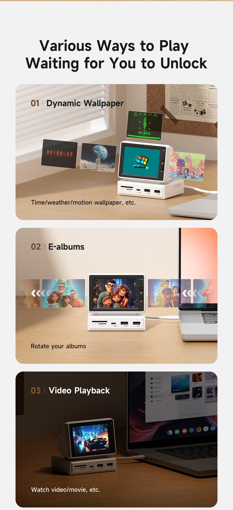 Product Introduction of 【ONE2WORLD SELECTION】HAGIBIS X86 Mini Monitor 8-in-1 USB-C Docking Station	, White 14