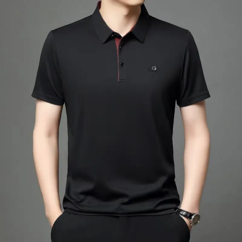 New men's ice silk solid color polo shirt Skin friendly, soft, breathable, cool and seamless top Loose and comfortable elastic commuting versatile top