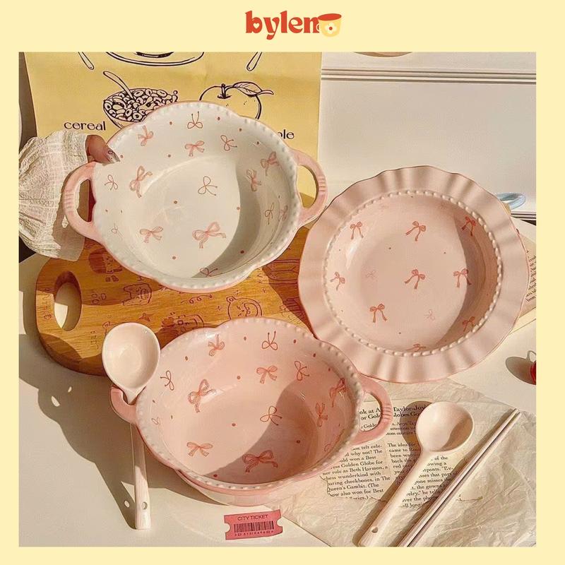  Bộ bát đĩa tô nơ hồng trắng màu pastel decor bếp xinh Tiệm Gốm Bylen 